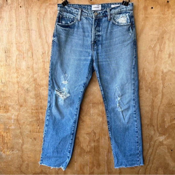 Frame Le Slouch Boyfriend Jean In BlueJay Rips Rigid Distressed Denim - Picture 3 of 16